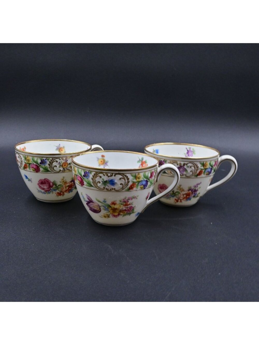 Schumann Bavaria Dresden Teacups Set Of 3  Floral Gold Trim Vintage Collectible